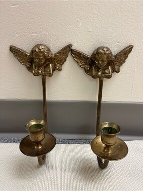 Vintage/Antique Solid Brass Cherub Wall Sconce Candlestick Holders Set of 2 MCM